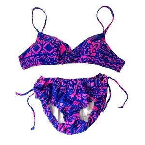 SOLD 1960s Vintage Mod dayglow barkcloth bikini set indigo pink metal grommets